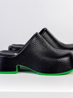 Miista Black Textured Leather Mules with Neon Green Sole
